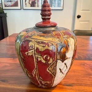 Abstract Art Pottery Glazed Vase Ginger Jar Etched Primitive Design